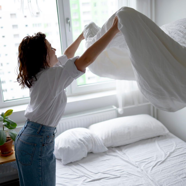 Student fluffing bedding in dorm