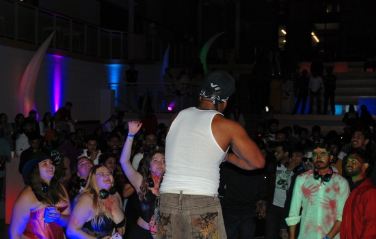 Unsighted performs on the SLC stage for an audience of students and guests