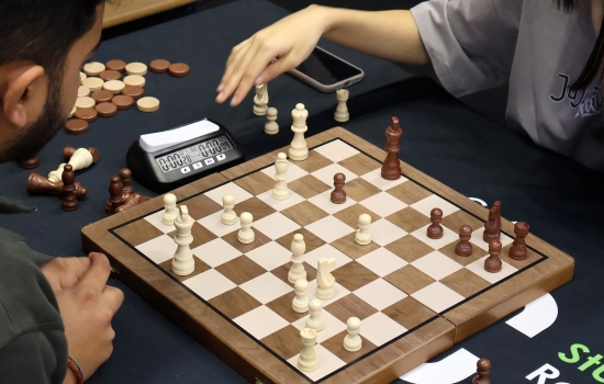 A closeup of the chessboard during a game