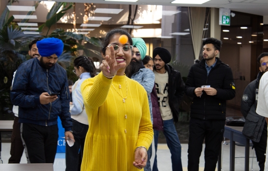 A student prepares to take her shot