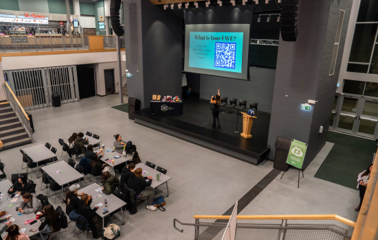 An arial view of the crowd and stage in the SLC during the event