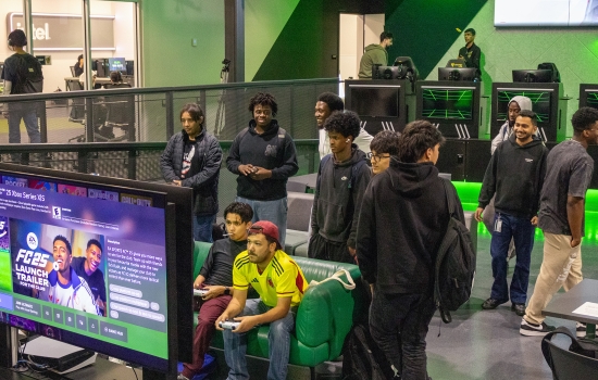 A crowd is gathered for the event in the Esports Nexus