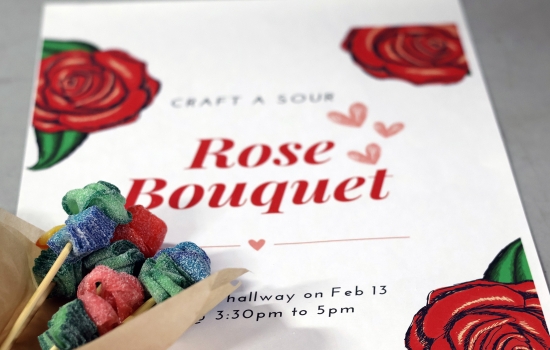 A close up of a sour rose bouquet with the event poster