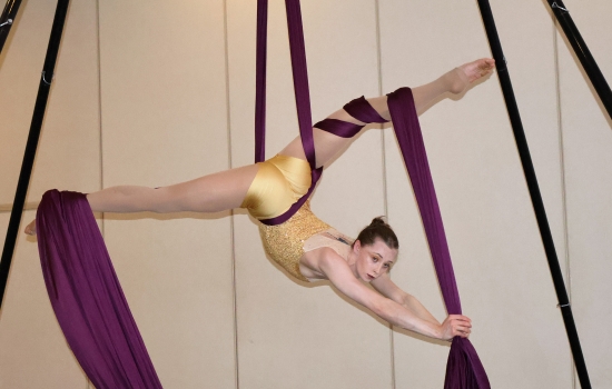 An aerialist performer airborn with silks