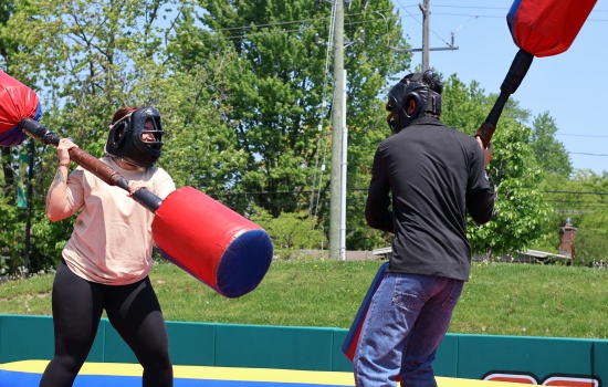 Alysa and Souravdeep face off in inflatable jousting