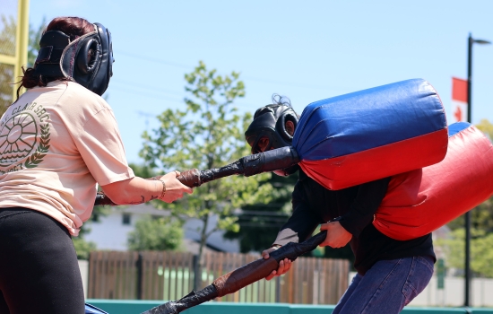 Alysa and Souravdeep face off in inflatable jousting