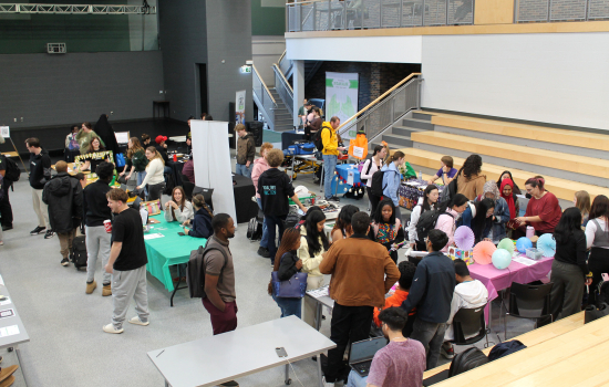 View of the SLC from above, bustling with club booths and students