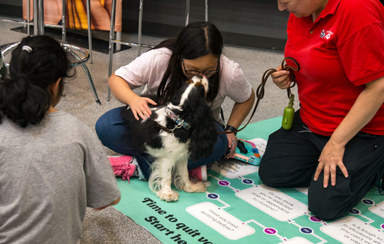 A student gives a Therapy Dog a kiss